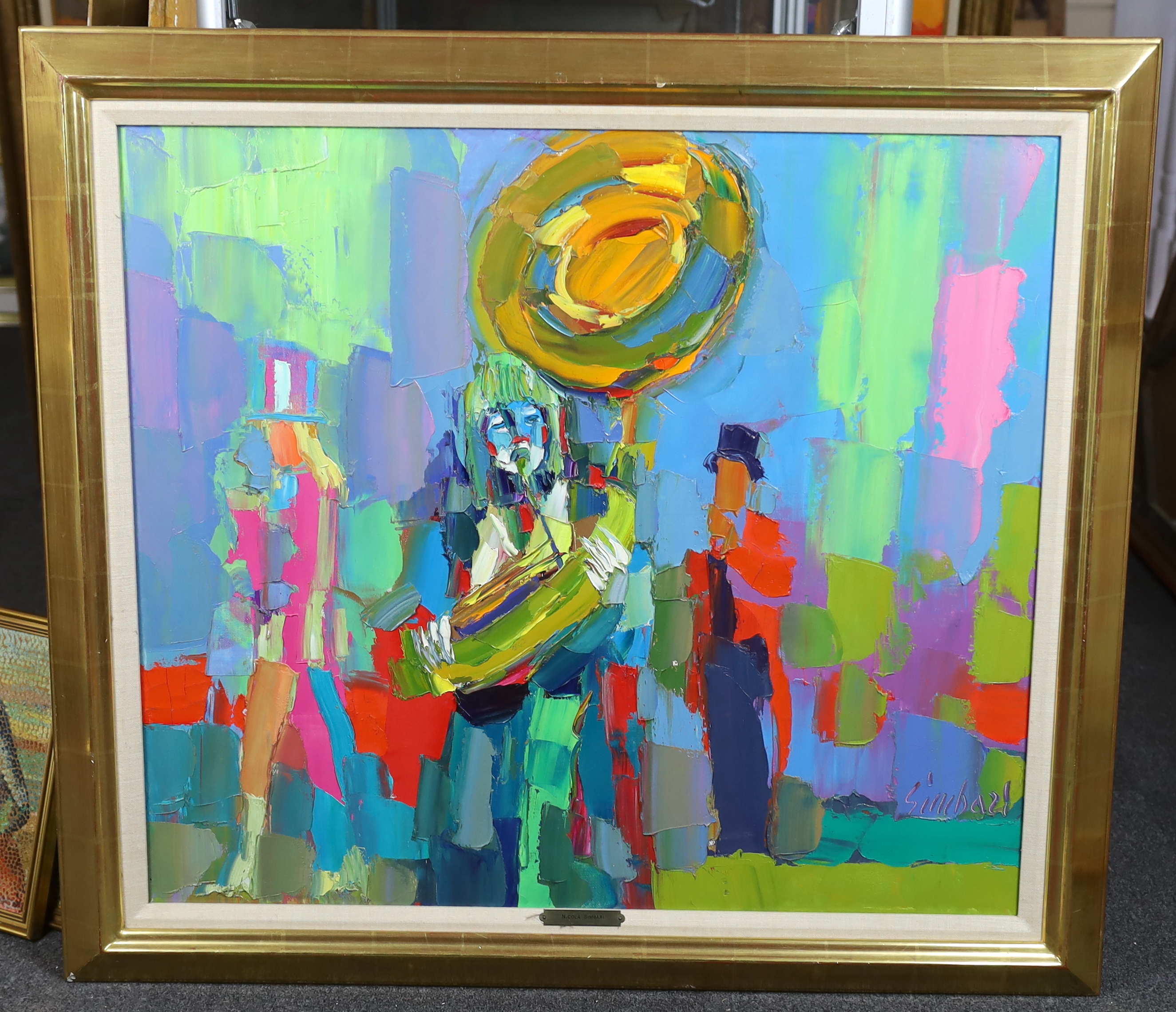 Nicola Simbari (Italian, 1927-2012), Circus musicians, oil on canvas, 69 x 79cm